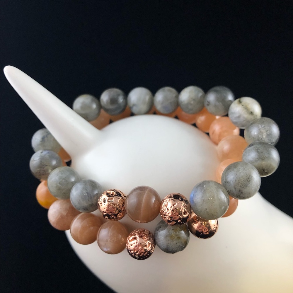 Pair of labradorite and sunstone beaded bracelets